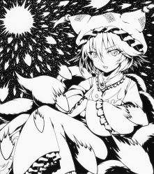Rule 34 | 1girl, bad id, bad pixiv id, danmaku, dress, fang, female focus, fox tail, greyscale, hands in opposite sleeves, hat, looking at viewer, monochrome, multiple tails, open mouth, qqqrinkappp, short hair, solo, tail, touhou, yakumo ran