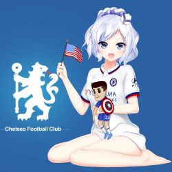 Rule 34 | 1girl, american flag, barefoot, blouse, blue background, blue eyes, chelsea fc, collared shirt, commentary request, doll, hugging doll, full body, hat, no panties, hugging object, open mouth, ponytail, prinz eugen1938, shield, shirt, sigsbee (warship girls r), silver hair, sitting, solo focus, warship girls r, white shirt