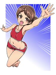 1girl blush breasts brown_eyes brown_hair collarbone girls_und_panzer gym_uniform kawanishi_shinobu navel open_mouth short_hair small_breasts smile solo takahashi_kurage