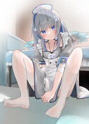Rule 34 | 1girl, absurdres, amane kanata, bandaged arm, bandages, bed, blue eyes, blue hair, blush, closed mouth, dress, embarrassed, feathered wings, feet, grey dress, grey hair, grey wings, hair ornament, hat, highres, hololive, indoors, looking at viewer, mini wings, multicolored hair, no shoes, nurse cap, on floor, pantyhose, puffy short sleeves, puffy sleeves, rate mogyu, see-through, see-through legwear, short sleeves, single hair intake, sitting, solo, streaked hair, variant set, virtual youtuber, white pantyhose, wings, x hair ornament