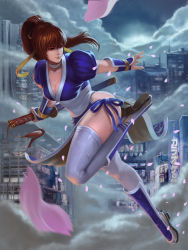 Rule 34 | 1girl, absurdres, billboard, breasts, brown eyes, brown hair, building, cherry blossoms, choker, cityscape, cleavage, closed mouth, cloud, cloudy sky, commentary, dead or alive, hair between eyes, high ponytail, highres, holding, holding sword, holding weapon, kasumi (doa), long hair, medium breasts, ninja, outstretched arm, pelvic curtain, ponytail, ribbon, sash, shin guards, sky, skyscraper, slippers, smoke, sword, tassel, thighhighs, thighs, translation request, weapon, white thighhighs, xleontan, yellow ribbon
