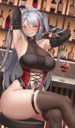 Rule 34 | 1girl, absurdres, alcohol, antenna hair, armpits, arms behind head, arms up, azur lane, bar (place), bar stool, bare shoulders, belt collar, black collar, black gloves, black thighhighs, blush, breasts, closed mouth, clothing cutout, collar, collarbone, commentary, cross, crossed legs, cup, detached sleeves, dress, drinking glass, dutch angle, elbow gloves, gloves, grey hair, hair between eyes, heart, heart-shaped pupils, highres, indoors, iron cross, large breasts, licking lips, long hair, looking at viewer, maid, maid headdress, mole, mole on breast, multicolored hair, navel, navel cutout, official alternate costume, orange eyes, presenting armpit, prinz eugen (azur lane), prinz eugen (kindred evening spirits) (azur lane), red hair, sideboob, sidelocks, signature, sitting, skindentation, sleeveless, sleeveless dress, smile, solo, stool, streaked hair, symbol-shaped pupils, thighhighs, tongue, tongue out, two side up, very long hair, whitter, wine, wine glass