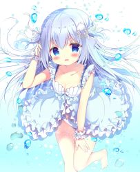 Rule 34 | 1girl, arm up, azumi kazuki, bare shoulders, barefoot, blue background, blue bow, blue dress, blue eyes, blue hair, blush, bow, breasts, collarbone, commentary request, dress, floating hair, frilled dress, frills, gradient background, hair between eyes, hair ribbon, hand in own hair, highres, long hair, original, panties, parted lips, ribbon, shell hair ornament, sleeveless, sleeveless dress, small breasts, smile, solo, standing, standing on one leg, two side up, underwear, very long hair, water drop, white background, white panties, white ribbon, wrist cuffs