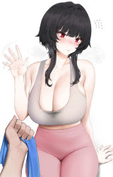 Rule 34 | 1girl, absurdres, bare arms, bare shoulders, black hair, blunt bangs, blush, breasts, cleavage, closed mouth, collarbone, embarrassed, flying sweatdrops, head tilt, highres, huge breasts, looking away, looking to the side, mochirong, mole, mole on breast, mole on collarbone, motion lines, original, pants, pink pants, pov, red eyes, short hair with long locks, sidelocks, simple background, sitting, solo focus, sports bra, sweat, wet, wet clothes, white background, yoga pants