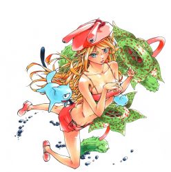 Rule 34 | 1girl, bare shoulders, blue eyes, breasts, flower, full body, gagaimo, hands up, hat, highres, long hair, marker (medium), orange hair, original, parted lips, pink footwear, pink hat, pink shorts, shoes, shorts, solo, traditional media, underboob, very long hair