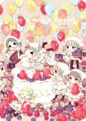 Rule 34 | 6+girls, :o, :q, bad id, bad pixiv id, balloon, birthday cake, blueberry, boots, cake, cream, dress, english text, food, fruit, hair bobbles, hair ornament, hairclip, hat, in food, mini person, minigirl, moriyama shijimi, multiple girls, original, pastry, raspberry, rounded corners, strawberry, tongue, tongue out, topknot