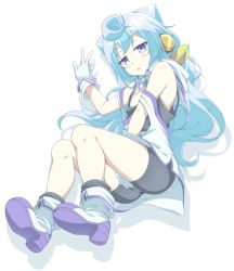Rule 34 | 1boy, ankle boots, aqua hair, bike shorts, boots, covering crotch, covering privates, gloves, hacka doll, hacka doll 3, kyuutou (kyuutouryuu), long hair, male focus, purple eyes, shoe soles, socks, thighs, trap