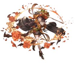Rule 34 | 10s, 1girl, ange (granblue fantasy), arm up, bat wings, boots, brown eyes, brown hair, cape, detached sleeves, flower, frills, full body, granblue fantasy, hand on own hip, hat, holding, holding sword, holding weapon, juliet sleeves, long sleeves, matching hair/eyes, minaba hideo, open mouth, puffy shorts, puffy sleeves, pumpkin, shorts, simple background, smile, solo, sword, transparent background, weapon, white legwear, wings