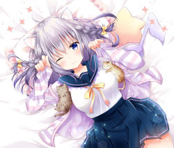Rule 34 | 1girl, ;), animal, animal ear fluff, animal ears, arm up, bed sheet, blue eyes, blue sailor collar, blue skirt, blush, bow, braid, breasts, cat, cat ears, closed mouth, commentary request, eighth note, frilled pillow, frills, grey hair, hair between eyes, hair bow, hand up, heart, heart-shaped pillow, jacket, long hair, long sleeves, lying, medium breasts, murasaki (murasakiiro no yoru), musical note, off shoulder, on back, one eye closed, open clothes, open jacket, original, pillow, pinching sleeves, pleated skirt, sailor collar, shirt, skirt, sleeves past wrists, smile, solo, striped clothes, striped jacket, white shirt, yellow bow