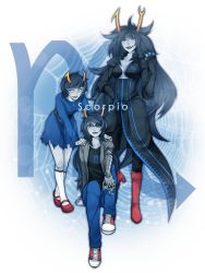 Rule 34 | 3girls, aranea serket, asymmetrical horns, black hair, blue dress, blue lips, boots, breasts, cleavage, colored sclera, colored skin, dice, dress, dual persona, fangs, glasses, grey skin, highres, homestuck, horns, jacket, jewelry, joints, lipstick, long hair, makeup, marquise spinneret mindfang, mechanical arms, medium breasts, mismatched horns, multiple girls, nail polish, necklace, pendant, pirate costume, robot joints, scorpio (zodiac), sharp teeth, short hair, silk, single mechanical arm, sitting, smile, spider web, teeth, ti9931, very long hair, vriska serket, weapon, white eyes, yellow sclera, zodiac