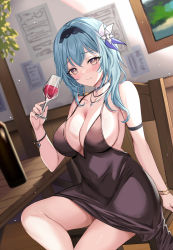 Rule 34 | 1girl, alcohol, aqua hair, arm strap, bad id, bad twitter id, bare shoulders, black hairband, breasts, brown eyes, cleavage, commentary request, dress, drink, eula (genshin impact), genshin impact, glass, hairband, halter dress, halterneck, harimoji, highres, holding, holding drink, indoors, large breasts, looking at viewer, short hair, sideboob, sidelocks, sitting, solo, thighs, wine