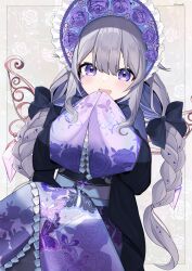 Rule 34 | 1girl, absurdres, blush, braid, floral print, frilled bonnet, grey hair, hair between eyes, hair ribbon, happy, highres, hololive, hololive english, kanadeho, koseki bijou, long hair, long sleeves, looking at viewer, open mouth, own hands together, patterned background, purple eyes, ribbon, smile, solo, twin braids, twitter username, very long hair, virtual youtuber, wings