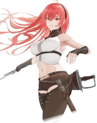 Rule 34 | 1girl, abs, aged up, ahoge, arm wrap, armpits, bare shoulders, black hairband, breasts, brown legwear, brown shorts, cowboy shot, crop top, crossed bangs, eris greyrat, floating hair, groin, hair between eyes, hairband, highres, holding, holding sword, holding weapon, large breasts, long hair, looking at viewer, midriff, mushoku tensei, navel, parted lips, rausu (undeadmachine), red eyes, red hair, sheath, sheathed, shirt, short shorts, shorts, sidelocks, simple background, skindentation, sleeveless, sleeveless shirt, solo, standing, sword, thick eyebrows, toned, toned female, underbust, weapon, white background, white shirt