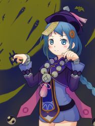 Rule 34 | bandaged arm, bandages, bead necklace, beads, blue eyes, blue hair, braid, cosplay, dolphins3ino, genshin impact, halloween, hat, highres, jewelry, kantai collection, long sleeves, looking at viewer, necklace, qiqi (genshin impact), qiqi (genshin impact) (cosplay), samidare (kancolle), smile, yin yang