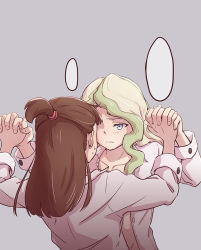Rule 34 | 2girls, blonde hair, blue eyes, brown hair, collarbone, collared shirt, diana cavendish, eye contact, holding hands, interlocked fingers, kagari atsuko, little witch academia, long hair, looking at another, multicolored hair, multiple girls, neck, shirt, simple background, tonton (mathcaca24), two-tone hair, unbuttoned, unbuttoned shirt, wavy hair, white shirt, yuri