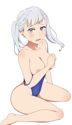 Rule 34 | 1girl, areola slip, ass, bare shoulders, black clover, blue one-piece swimsuit, blush, breasts, coro fae, covering privates, covering breasts, earrings, embarrassed, female focus, grey hair, highres, jewelry, medium breasts, noelle silva, one-piece swimsuit, open mouth, purple eyes, simple background, sitting, solo, swimsuit, twintails, wariza, wavy mouth, white background