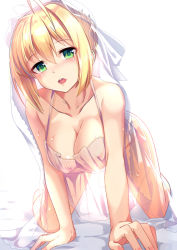 Rule 34 | 10s, 1girl, ahoge, all fours, artoria pendragon (all), artoria pendragon (fate), blonde hair, blush, braid, breasts, fate/extra, fate/extra ccc, fate/grand order, fate (series), green eyes, large breasts, looking at viewer, nero claudius (bride) (fate), nero claudius (fate), nero claudius (fate) (all), nightgown, open mouth, saber (fate), single hair intake, solo, sweat, veil, white background, yan (nicknikg)