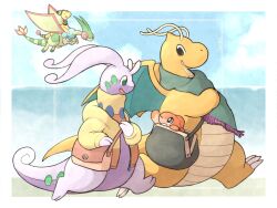 Rule 34 | ampharos, artist name, bag, claws, cloth, clothed pokemon, creatures (company), dragon, dragonite, flygon, flying, game freak, gen 1 pokemon, gen 2 pokemon, gen 3 pokemon, gen 6 pokemon, goodra, highres, jacket, knhb tail, nintendo, no humans, open clothes, open jacket, pokemon, pokemon (creature), running, scales, scarf, smile, tatsugiri, wings