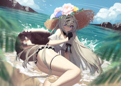 Rule 34 | 1girl, absurdres, ass, black bow, black gloves, blue eyes, blush, bow, day, flower, gloves, grey hair, hat, highres, kurt bestor, long hair, looking at viewer, original, outdoors, solo, sun hat, thighhighs, very long hair, water, white thighhighs