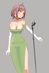 Rule 34 | 1girl, ahoge, angelchama, blush, breasts, brown hair, choker, cleavage, dress, elbow gloves, gloves, green eyes, green footwear, grey background, hair behind ear, highres, indie virtual youtuber, looking to the side, microphone stand, miori celesta, side slit, simple background, solo, star (symbol), star choker, strapless, strapless dress, treble clef, virtual youtuber