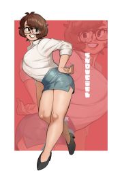 Rule 34 | 1girl, absurdres, black footwear, breasts, brown eyes, brown hair, character name, collared shirt, commentary, english commentary, glasses, grey skirt, hand on own hip, high heels, highres, large breasts, leaning forward, office lady, original, shirt, short hair, skirt, smile, snowcie, snowciel, solo, white shirt, zoom layer
