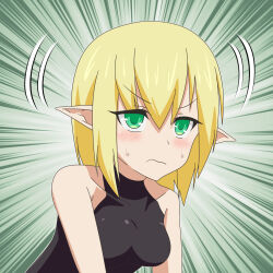Rule 34 | 1girl, black shirt, blonde hair, blush, breasts, cato (monocatienus), closed mouth, commentary request, emphasis lines, feet out of frame, frown, green eyes, hair between eyes, highres, long bangs, looking at viewer, medium breasts, mizuhashi parsee, parsee day, pointy ears, shirt, short hair, sleeveless, sleeveless shirt, solo, sweat, touhou, upper body, v-shaped eyebrows