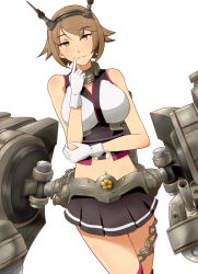 Rule 34 | 10s, 1girl, bad id, bad nicoseiga id, bare shoulders, breasts, brown hair, chain, chrysanthemum, collar, finger to mouth, flower, gloves, green eyes, gudon (iukhzl), headgear, kantai collection, kikumon, large breasts, looking at viewer, machinery, miniskirt, mutsu (kancolle), navel, open mouth, pleated skirt, red legwear, short hair, simple background, skirt, smile, solo, turret, white gloves