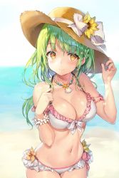 Rule 34 | 1girl, bikini, blush, bow, breasts, cleavage, cowboy shot, earrings, flower, frilled bikini, frills, green eyes, hat, hat bow, hat flower, highres, jewelry, large breasts, long hair, looking at viewer, momoko (momopoco), nail polish, navel, necklace, original, red nails, smile, solo, star (symbol), star earrings, stomach, straw hat, sunflower, sweat, swimsuit, white bikini, yellow eyes