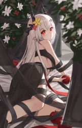 Rule 34 | 1girl, absurdres, apple, arknights, arm support, bandeau, bare shoulders, black ribbon, black skirt, commentary, feet out of frame, flower, food, fruit, hair ornament, haro (haro 339), highres, holding, holding food, holding fruit, horns, long hair, looking at viewer, lying, material growth, mudrock (arknights), mudrock (silent night) (arknights), on side, open mouth, oripathy lesion (arknights), pointy ears, red eyes, red flower, ribbon, skirt, solo, yellow flower