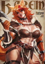 abs absurdres animal_ears armor axe barbarian buffpup_(vtuber) cloak collar cover dual_wielding dungeons_&amp;_dragons earrings fangs fur_trim green_eyes highres holding holding_axe jewelry knife leather_armor leg_tattoo loincloth long_hair magazine_cover monori_rogue multicolored_hair muscular muscular_female orange_fur orange_hair red_hair single_earring single_vambrace tail tattoo vambraces virtual_youtuber wolf_ears wolf_girl wolf_tail