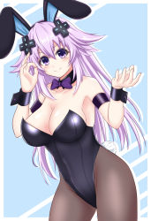 Rule 34 | 1girl, adult neptune, alternate costume, animal ears, bare shoulders, black leotard, blush, bow, bowtie, breasts, cleavage, commentary request, d-pad, d-pad hair ornament, detached collar, fake animal ears, hair between eyes, hair ornament, hands up, highres, large breasts, leotard, long hair, looking at viewer, neptune (series), pantyhose, playboy bunny, purple bow, purple bowtie, purple eyes, purple hair, rabbit ears, rabbit tail, seshiro (which501), shin jigen game neptune vii, smile, solo, tail, very long hair, wrist cuffs