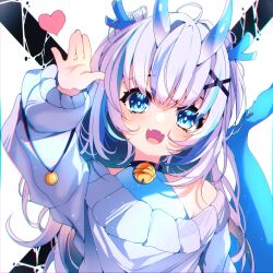 Rule 34 | 1girl, absurdres, ahoge, bell, blue eyes, blue hair, blush, fang, fangs, hair ornament, highres, horns, long hair, medal, oni, open mouth, original, salute, smile, tail, the0neulost, white background, white hair, x hair ornament