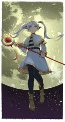 Rule 34 | 1girl, absurdres, black pantyhose, blush, boots, capelet, commentary, dangle earrings, dress, earrings, floating, frieren, full moon, green eyes, highres, holding, holding staff, jewelry, long hair, long sleeves, looking at viewer, moon, pantyhose, parted bangs, pointy ears, shirt, solo, sousou no frieren, staff, striped clothes, striped shirt, twintails, white capelet, white hair, yoswr