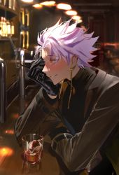 Rule 34 | 1boy, absurdres, alcohol, black coat, black gloves, black shirt, blush, cigarette, coat, cocacell, commentary request, cup, drunk, earrings, elbow rest, gloves, grin, highres, holding, holding cigarette, indoors, jewelry, korean commentary, long sleeves, male focus, purple hair, red eyes, saibou shinkyoku, sanpaku, shirt, sitting, smile, smoke, solo, tearing up, theodore riddle, turtleneck