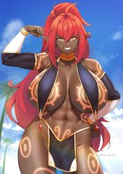 Rule 34 | 1girl, abs, ahoge, armpits, bare shoulders, blue sky, body markings, breast curtains, breast tattoo, breasts, cloud, collarbone, commission, contrapposto, cowboy shot, dark-skinned female, dark elf, dark skin, day, detached sleeves, diffraction spikes, elf, ephyra drakaina (zahylon), facing viewer, flexing, gem, gorget, grin, hand on own hip, high ponytail, highres, huge breasts, jewelry, large breasts, leg tattoo, loincloth, long hair, long pointy ears, looking at viewer, lulu-chan92, muscular, muscular female, navel, original, outdoors, palm tree, pelvic curtain, pointy ears, pubic tattoo, red gemstone, red hair, revealing clothes, sharp teeth, sky, smile, solo, standing, stomach tattoo, tattoo, teeth, tree, tribal, tribal tattoo, twitter username, yellow eyes