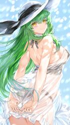 Rule 34 | 1girl, absurdres, alternate breast size, arms behind back, ass, bare arms, bare shoulders, bikini, bikini under clothes, black bikini, black ribbon, blush, breasts, c.c., closed mouth, code geass, commentary request, cowboy shot, dress, from behind, green hair, hat, hat ribbon, highres, kou mashiro, large breasts, leaning forward, long hair, looking at viewer, looking back, ribbon, see-through, see-through dress, sideboob, sleeveless, sleeveless dress, smile, solo, sun hat, swimsuit, very long hair, white dress, white hat, yellow eyes
