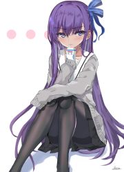 Rule 34 | 1girl, black pantyhose, black skirt, blue ribbon, collarbone, commentary request, drinking straw, fate/grand order, fate (series), hair ribbon, holding, kesoshirou, long hair, long sleeves, meltryllis (fate), milk carton, pantyhose, ribbon, sitting, skirt, sleeves past fingers, sleeves past wrists, solo, sweater