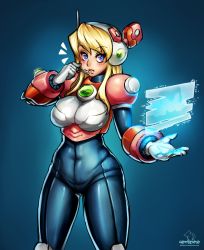 Rule 34 | 1girl, absurdres, alia (mega man), android, armor, artist name, blonde hair, blue background, blue eyes, blush, bodysuit, breasts, covered navel, cowboy shot, female focus, framed breasts, gloves, headgear, headset, highres, holographic interface, hotbento, large breasts, long hair, mega man (series), mega man x (series), microphone, robot ears, simple background, solo, spandex, standing, white gloves