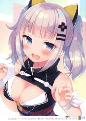 Rule 34 | 1girl, blue eyes, blush, breasts, cleavage, cleavage cutout, clothing cutout, dated, hair ornament, hairclip, highres, image sample, kaguya luna, large breasts, looking at viewer, obi, open mouth, sash, scan, silver hair, sleeveless, smile, solo, tagme, the moon studio, twintails, upper body, virtual youtuber, wristband