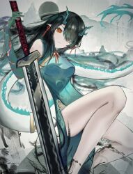 Rule 34 | 1girl, aqua dress, arknights, bright pupils, china dress, chinese clothes, colored skin, dragon girl, dragon horns, dragon tail, dress, dusk (arknights), dusk (everything is a miracle) (arknights), earrings, fiery tail, gradient skin, green horns, green skin, highres, horns, ink, jewelry, red eyes, sleeveless, sleeveless dress, solo, tail, tail ornament, tail ring, tassel, tassel earrings, white pupils, yyue3223