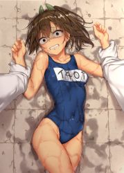 Rule 34 | 1boy, 1girl, admiral (kancolle), arm grab, breasts, brown eyes, brown hair, clenched teeth, constricted pupils, covered navel, crying, crying with eyes open, empty eyes, gloves, hair ornament, hairclip, highres, i-401 (kancolle), imminent rape, jack dempa, kantai collection, looking at viewer, lying, military, military uniform, naval uniform, old school swimsuit, one-piece swimsuit, one-piece tan, out of frame, ponytail, pov, scared, school swimsuit, short hair, short ponytail, small breasts, solo focus, swimsuit, swimsuit under clothes, tan, tanline, tears, teeth, uniform, wet, wet clothes, wet swimsuit, white gloves
