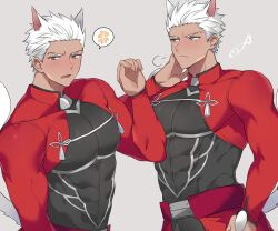 Rule 34 | 1boy, anger vein, animal ears, archer (fate), bad source, bara, blush, cat boy, cat ears, cat tail, covered abs, covered erect nipples, cropped jacket, dark-skinned male, dark skin, fate/stay night, fate (series), grey background, grey eyes, hand on own neck, jacket, kemonomimi mode, looking at viewer, looking to the side, male focus, multiple views, open mouth, pectorals, red jacket, seum (kao husband), short hair, spoken anger vein, tail, tassel, white hair