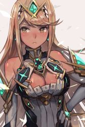Rule 34 | 1girl, bare shoulders, blonde hair, breasts, brown eyes, cleavage, cleavage cutout, clothing cutout, earrings, elbow gloves, frown, gloves, hand on own hip, hungry clicker, jewelry, long hair, looking at viewer, mythra (xenoblade), nintendo, solo, xenoblade chronicles (series), xenoblade chronicles 2, xenoblade chronicles (series), xenoblade chronicles 2