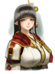 Rule 34 | 1girl, black hair, blunt bangs, breasts, capcom, closed mouth, conto, cropped torso, eyeshadow, green eyes, hair ornament, highres, hinoa, japanese clothes, kimono, large breasts, lips, long hair, looking at viewer, makeup, mixed-language commentary, monster hunter (series), monster hunter rise, pink lips, pointy ears, red eyeshadow, sidelocks, smile, solo, straight hair, upper body, white kimono, yellow eyes