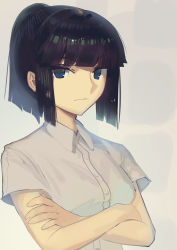 Rule 34 | 1girl, black hair, blue eyes, blunt bangs, boa (brianoa), closed mouth, collared shirt, copyright request, crossed arms, grey shirt, highres, looking at viewer, medium hair, ponytail, shirt, short sleeves, sidelocks, simple background, solo, upper body, white background, white shirt, wing collar