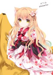 Rule 34 | 1girl, animal ear fluff, animal ears, bad id, bad pixiv id, banana-shaped pillow, bow, breasts, cat ears, closed mouth, dated, floral print, flower, hair between eyes, hair flower, hair ornament, hair ribbon, japanese clothes, kimono, light brown hair, long hair, long sleeves, medium breasts, nanase kureha, nanase nao, obi, original, pillow, pink flower, pink kimono, print kimono, red bow, red ribbon, ribbon, sash, simple background, sleeves past wrists, solo, twitter username, very long hair, white background, wide sleeves, yellow eyes
