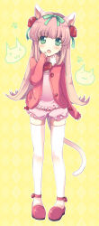 Rule 34 | 1girl, :&lt;, animal ears, argyle, argyle background, argyle clothes, bad id, bad pixiv id, bloomers, cat ears, cat tail, food, fruit, full body, green eyes, hair ribbon, head tilt, highres, jacket, legs, long hair, nakayama miyuki, original, pink hair, ribbon, sleeves past wrists, solo, standing, strawberry, tail, themed object, thighhighs, underwear, white thighhighs, zettai ryouiki