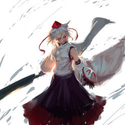 Rule 34 | 1girl, animal ears, closed mouth, detached sleeves, glowing, glowing eyes, hat, holding, holding sword, holding weapon, inishie kumo, inubashiri momiji, long skirt, long sleeves, looking at viewer, one-hour drawing challenge, pom pom (clothes), red eyes, shield, short hair, skirt, solo, sword, tokin hat, touhou, weapon, white hair, wide sleeves, wolf ears