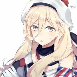 Rule 34 | beret, blonde hair, folte, grey eyes, hair between eyes, hat, kantai collection, long hair, looking at viewer, lowres, mole, mole under eye, multicolored clothes, multicolored scarf, open mouth, pom pom (clothes), richelieu (kancolle), scarf, simple background, solo, twitter username, white background