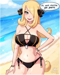 Rule 34 | 1girl, absurdres, beach, bikini, black eyes, blonde hair, breasts, cleavage, creatures (company), cynthia (pokemon), english text, game freak, ghoul mommie, hair over one eye, highres, long hair, looking at viewer, nintendo, ocean, open mouth, pokemon, pokemon dppt, sand, solo, swimsuit, water, wet